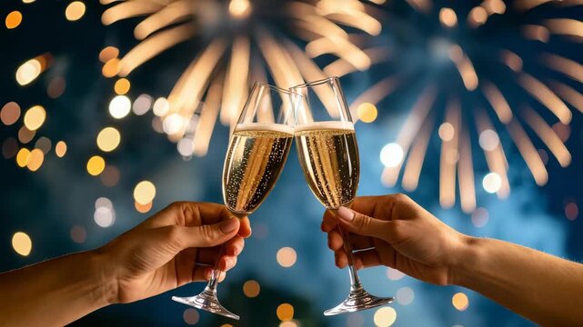 Hands holding champagne flutes clinking in a toast against golden fireworks and bokeh lights at night