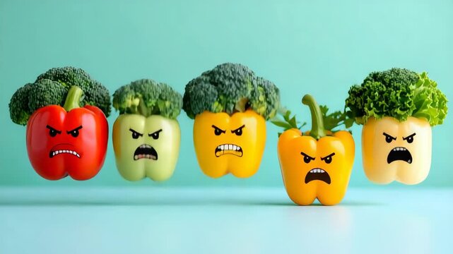 Funny colorful bell peppers with angry cartoon faces and broccoli hair floating on a minimal teal background