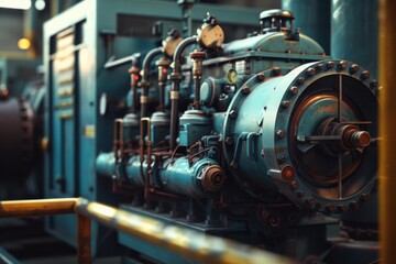 Large, old industrial engine featuring pipes and mechanisms inside a power plant