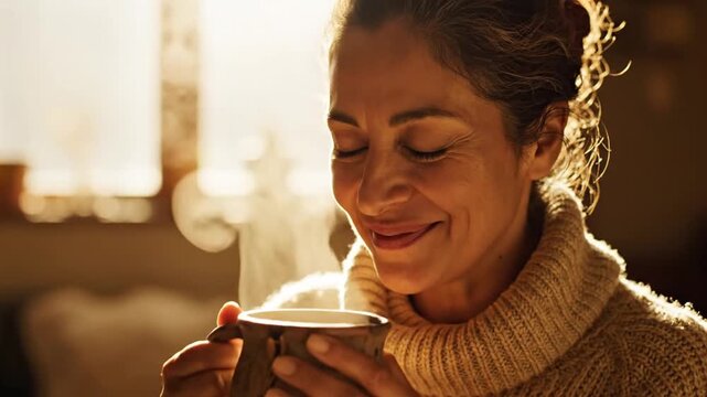 Happy woman enjoying hot drink in golden light at home