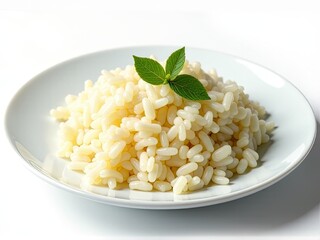Freshly served plate of rice with a sprig of mint on top, perfect for a simple yet elegant meal or presentation