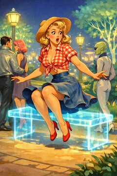 Whimsical vintage pinup illustration of a startled woman floating above a glowing bench in a night park as an alien strolls by, ideal for sci fi humor and poster art.