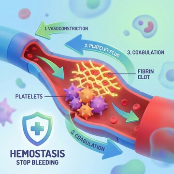 Medical Illustration Detailing Hemostasis Vasoconstriction, Platelet Plug Formation, and Fibrin Clot Coagulation for Stopping Bleeding