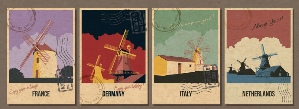 France, Germany, Italy Netherlands Attractions Postcard Set, Ancient Traditional Windmills Landmark Illustrations, Vector Templates Retro Style Greeting Cards. Postal Imprints, Aged Paper Texture