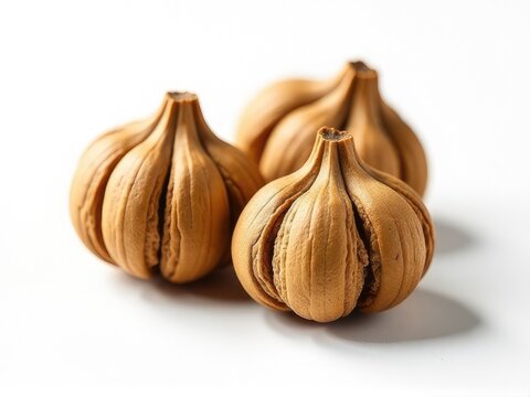 Close-up of three whole garlic bulbs on a white surface, ideal for use in cooking or food photography