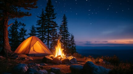 A warmly lit tent glows beside a crackling campfire beneath a star-filled forest sky, evoking adventure, relaxation, and outdoor lifestyle themes for travel or tourism campaigns.