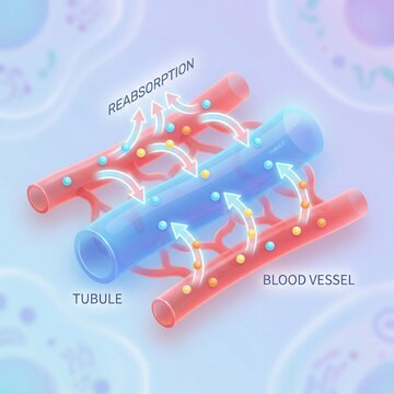 Medical Illustration of Kidney Tubule and Blood Vessel Demonstrating Reabsorption Process