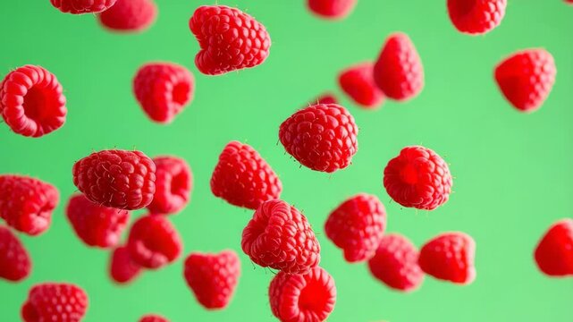 Fresh ripe red raspberries falling and floating in the air against a vibrant solid green background