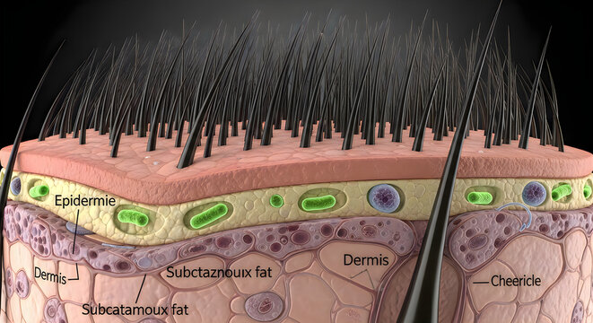 Close-up 3d render of human skin layers with hair follicles and cells, detailed medical illustration