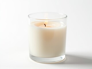 A lit candle in a glass vase placed on a table, ready for use or decoration