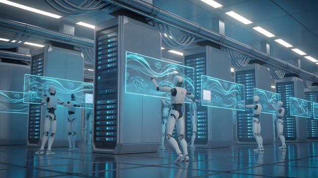 Advanced science research facility with supercomputers and robotic assistants, futuristic blue technology concept.