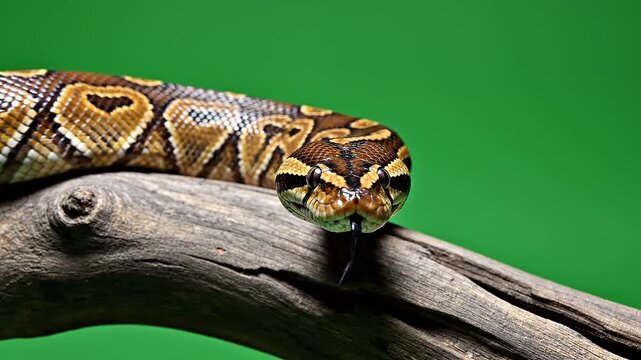 A captivating close up of a brown and black patterned snake, showcasing its intricate scales and watchful eyes on a rustic tree branch