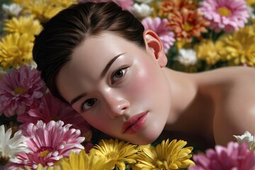Naklejka premium Beautiful young woman with freckles lies amongst a vibrant bed of pink and yellow chrysanthemums. Soft, glowing skin and captivating eyes create a serene, natural portrait. 