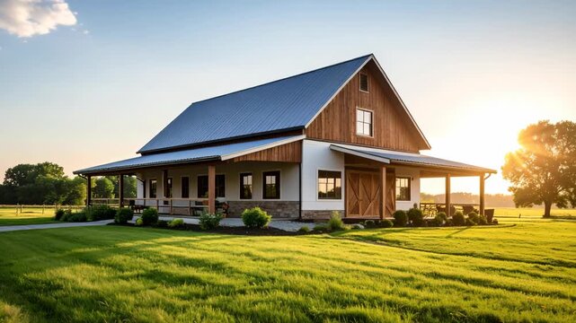 Modern luxury farmhouse with wood siding and wrap-around porch under a glowing golden hour sunset sky
