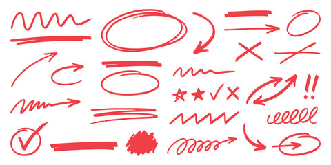 Collection of thick red hand drawn marker arrows circles underlines and scribble symbols vector illustration © GraphixEra