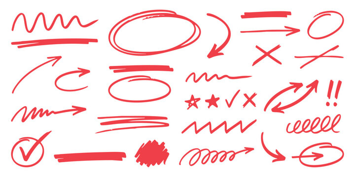 Collection of thick red hand drawn marker arrows circles underlines and scribble symbols vector illustration