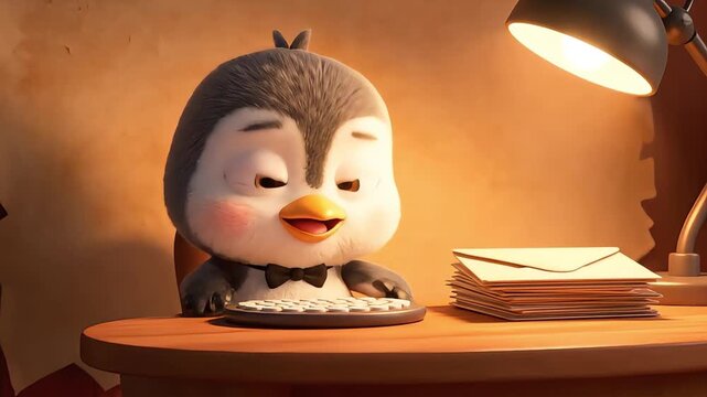 Penguin Character Happily Typing on a Keyboard at a Wooden Desk with a Stack of Envelopes and a Warm Lamp Light Waving to the Viewer