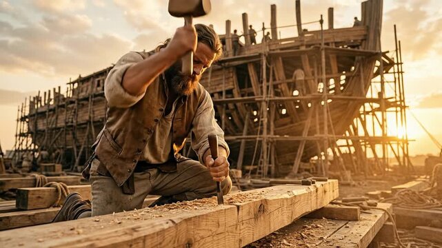 Historical drama showing Noah working with a mallet and chisel at sunset to construct the massive wooden structure of the Biblical Ark with a crowd watching