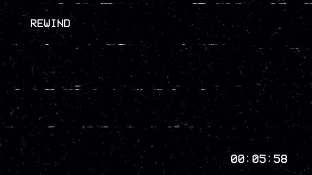 Retro VHS Rewind Overlay with Glitch Static and Analog Timecode Animation 4k video animation seamless loop