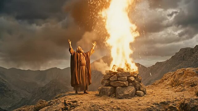 Biblical historical of Prophet Elijah standing on Mount Carmel with arms raised in prayer toward a massive pillar of divine fire descending upon a stone altar under dark stormy skies
