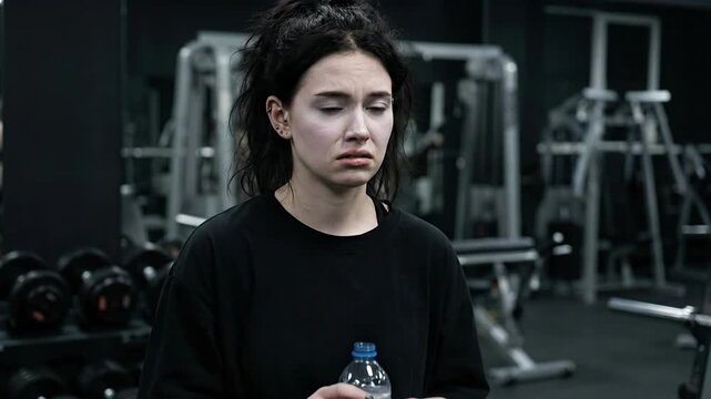 Cinematic young woman with messy dark hair and emo aesthetic looking exhausted and defeated while holding a water bottle in a gym representing the rejection of traditional masculinity