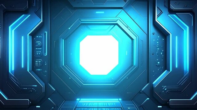 Futuristic spaceship hatch with glowing blue neon lights and octagonal doorway opening into a bright light