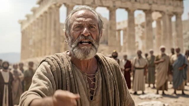 Powerful cinematic biblical scene of the Apostle Paul standing in the ancient city of Athens passionately preaching to a crowd of Greek philosophers and citizens in front of the Parthenon