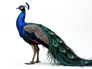 Obraz premium A majestic peacock stands on a white surface, showcasing its vibrant feathers