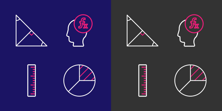 Set line Pie chart infographic, Ruler, Function mathematical symbol and Angle bisector of triangle icon. Vector