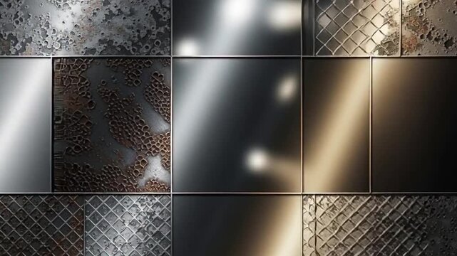 Metallic surfaces with various textures and patterns are displayed in a collage.