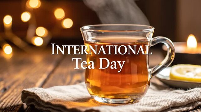 Hot tea mug on wooden table for International Tea Day