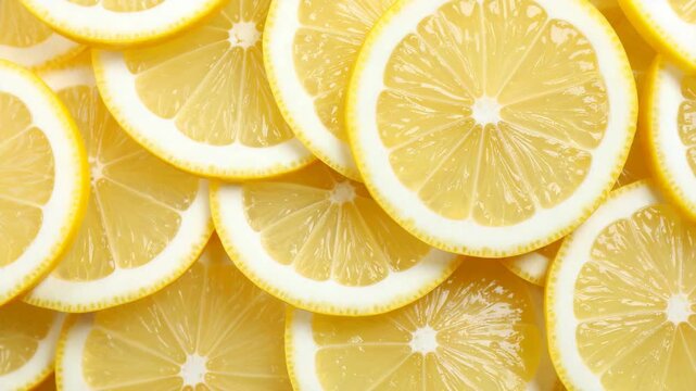 Macro shot of fresh organic yellow lemon slices overlapping to form a vibrant citrus fruit background pattern