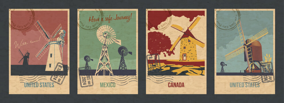 United States, Mexico, Canada Windmills Attraction Postcards, Traditional Wind mills Illustrations, Vector Template Retro Style Greeting Cards. Postal Imprint, Aged Paper Texture