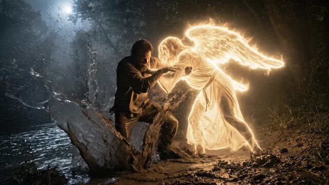 Historical and biblical scene of Jacob wrestling with a glowing divine angel in the dark woods by a river under the moonlight with an atmosphere of intense spiritual struggle and divine blessing