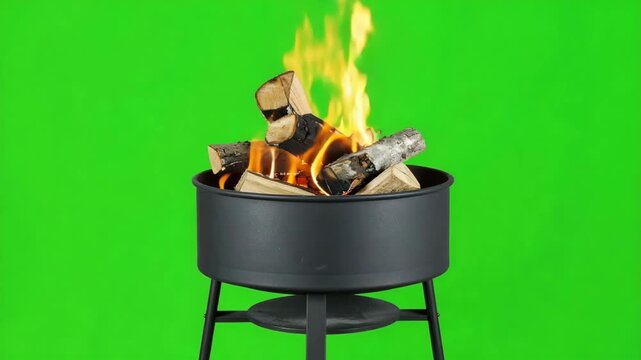 Burning wood logs in a black metal fire pit with bright flames on a green screen background