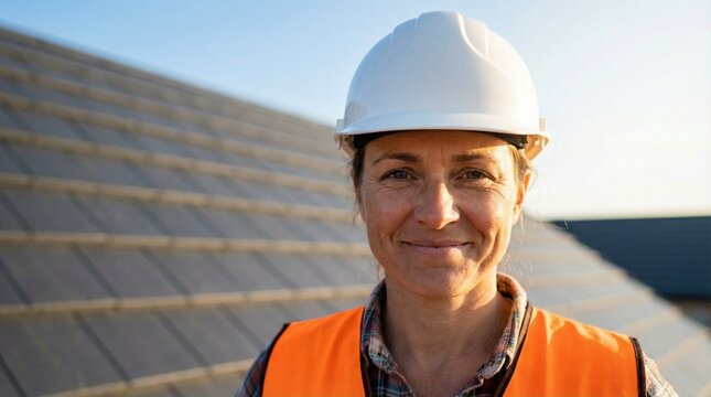 Smiling female professional roofer in hard hat and safety vest on tiled roof