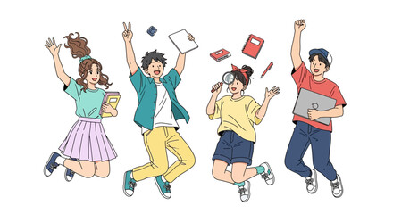 Four people jumping with technology and school items around them
