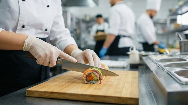 Professional chef hands in gloves slicing fresh salmon sushi rolls on wooden board
