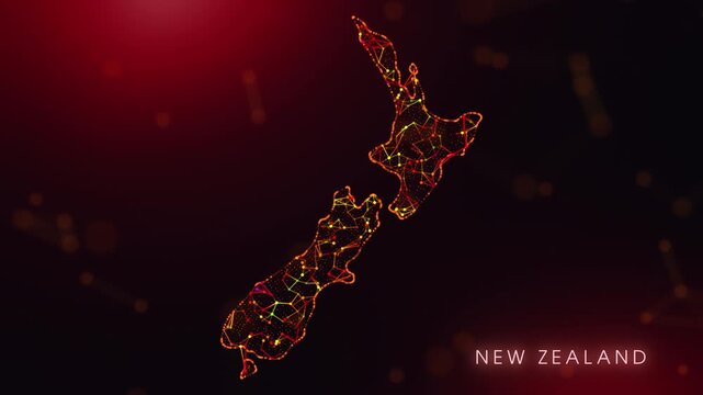 A dynamic motion video showcasing the New Zealand country border through a colorful plexus reveal. Glowing red and orange dots represent high-tech data communication and global digital networks.