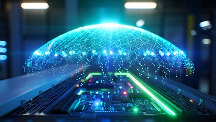 A futuristic digital globe with neon lights and circuits in a dark room