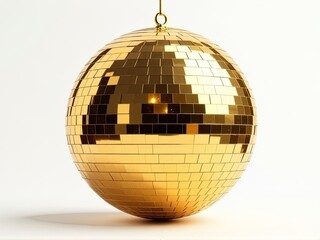 Obraz premium A shiny gold disco ball suspended from a thin golden chain, perfect for decorative use or as a party accessory
