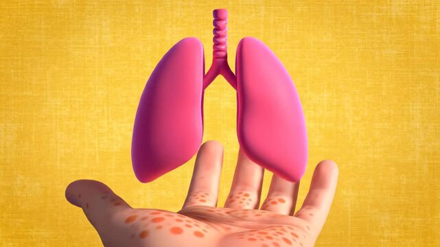 Human hand presenting 3D rendered pink lungs illustration