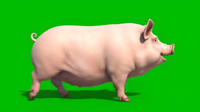3D pig model walking over green screen background.4k