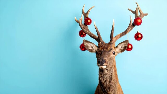 Festive deer with red Christmas ornaments hanging from antlers on a solid blue background