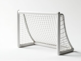 A white soccer goal sits on a white floor, ready for action