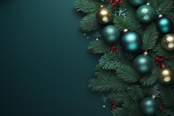 Obraz premium Evergreen branches with golden and teal baubles creating a festive holiday border