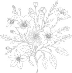 Fototapeta premium Intricate line art drawing of a beautiful floral bouquet with various flowers and leaves.