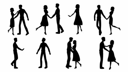 Fototapeta premium Silhouettes of couples and solo dancers in various poses and movements