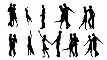 Silhouettes of couples dancing together in various romantic poses and movements