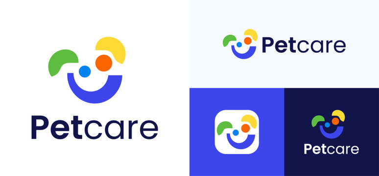 Creative modern happy pet with colorful simple shapes concept logo icon design vector illustration template, Symbol face smile dog or cute pet care for animal food, pet shop and identity business comp